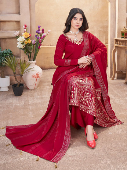 Red silk salwar suit with mirror work and foil print