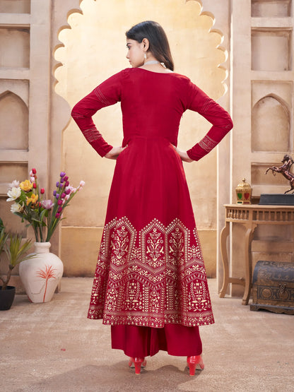 Red silk salwar suit with mirror work and foil print