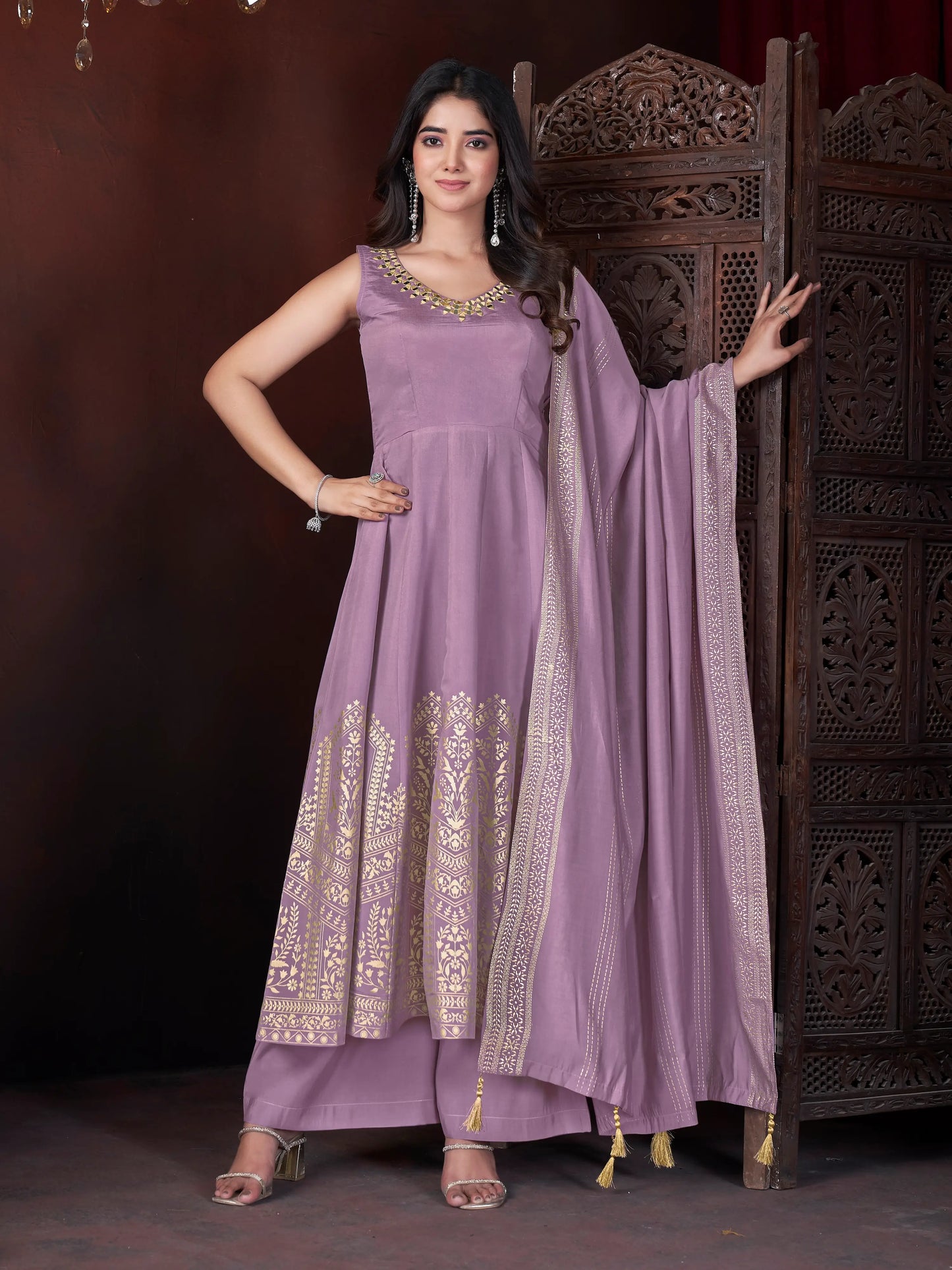Pale purple silk salwar suit with mirror work and foil print