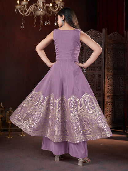Pale purple silk salwar suit with mirror work and foil print