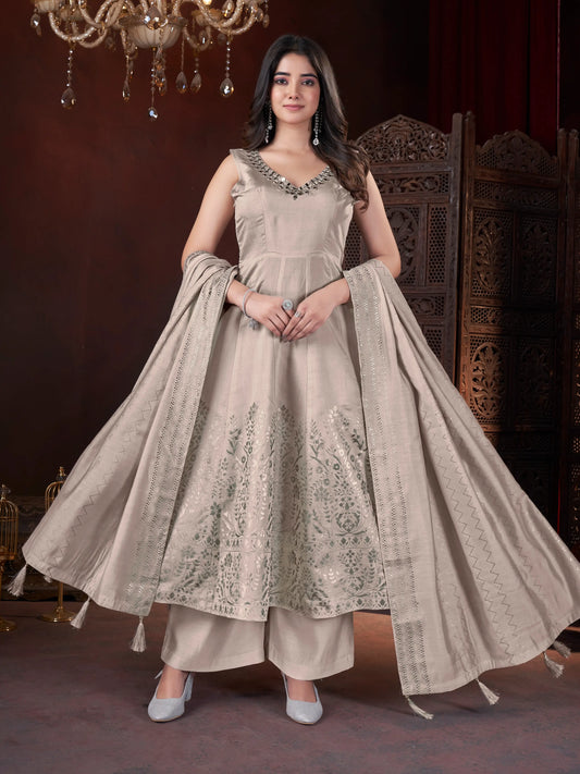 Ivory-cream salwar suit with mirror work and foil print