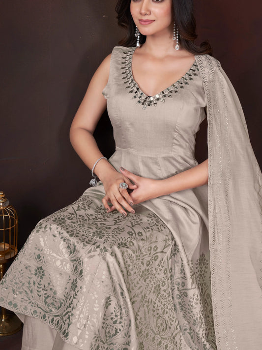 Ivory-cream salwar suit with mirror work and foil print