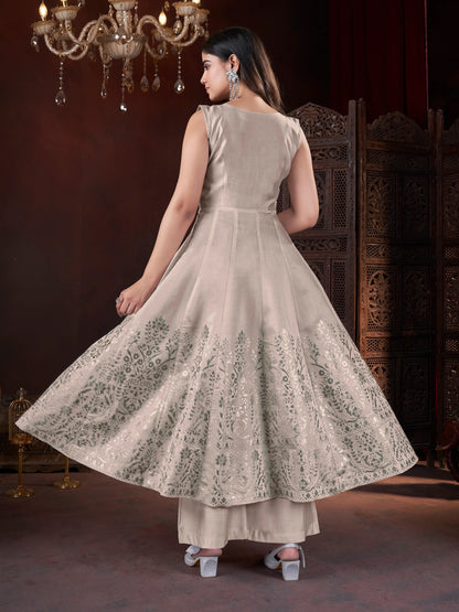 Ivory-cream salwar suit with mirror work and foil print
