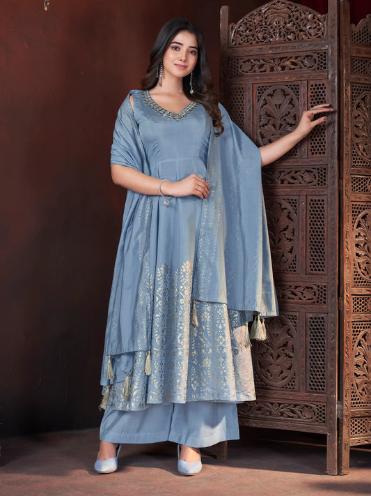 Sky Blue Salwar Suit with Mirror Embroidery and Foil Print