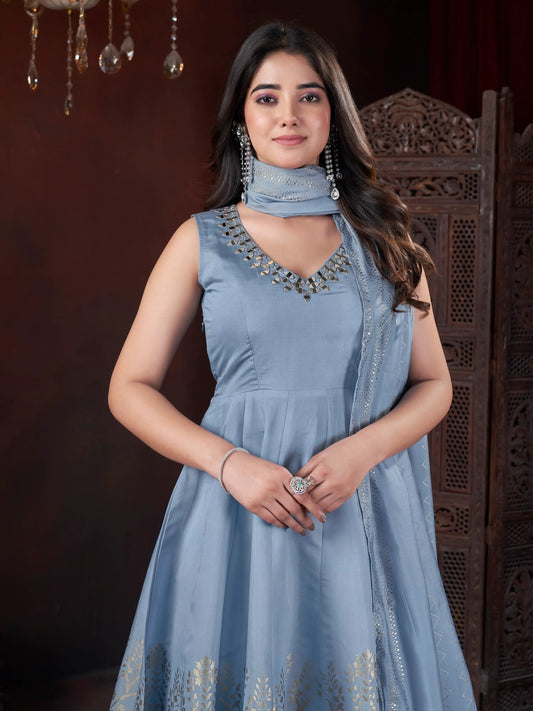Sky Blue Salwar Suit with Mirror Embroidery and Foil Print