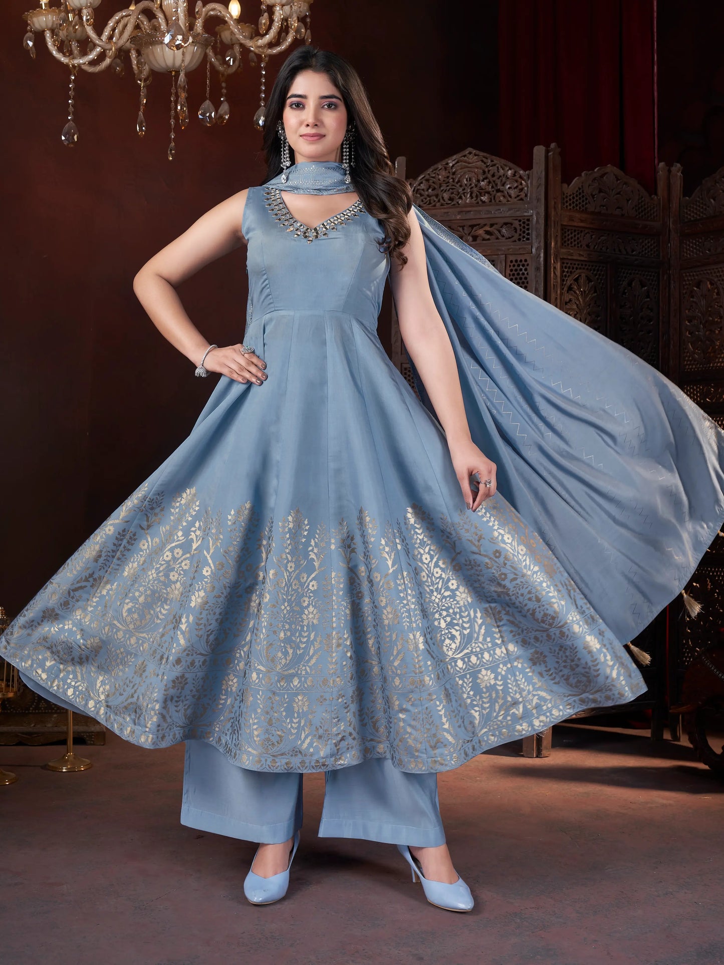 Sky Blue Salwar Suit with Mirror Embroidery and Foil Print