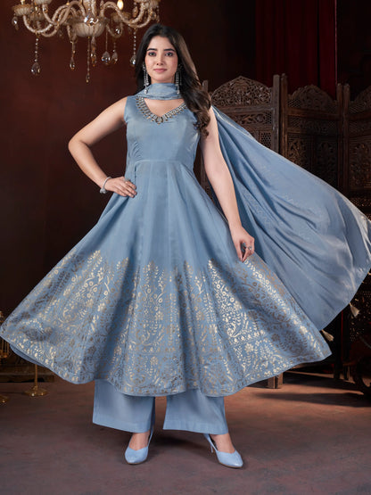 Sky Blue Salwar Suit with Mirror Embroidery and Foil Print