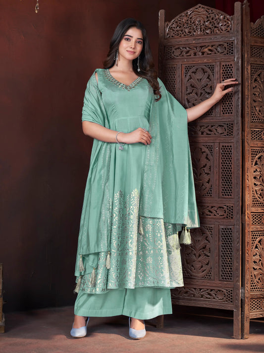 Bright Pistachio Silk Salwar Suit with Mirror Embroidery and Metallic Foil Print