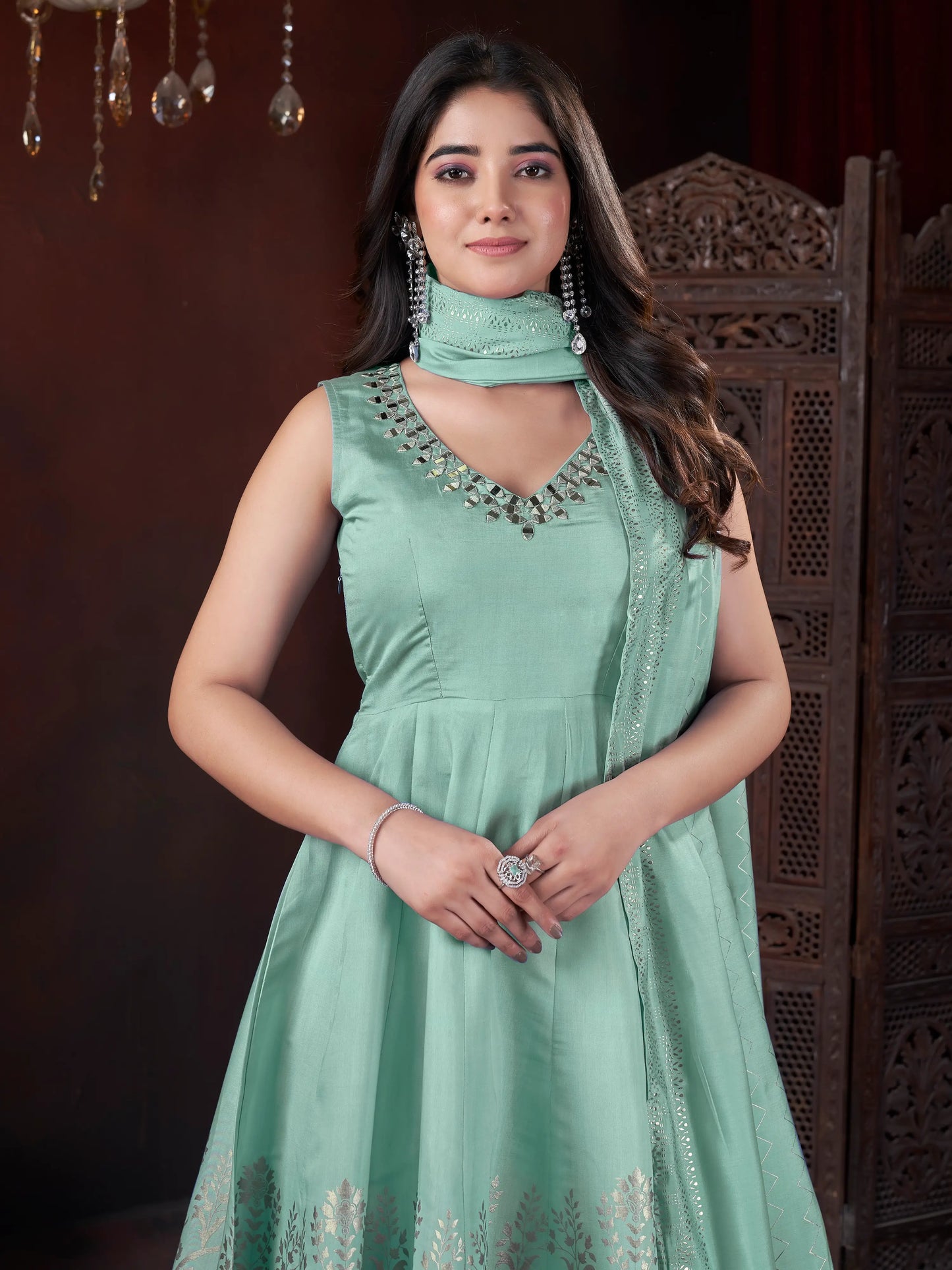 Bright Pistachio Silk Salwar Suit with Mirror Embroidery and Metallic Foil Print