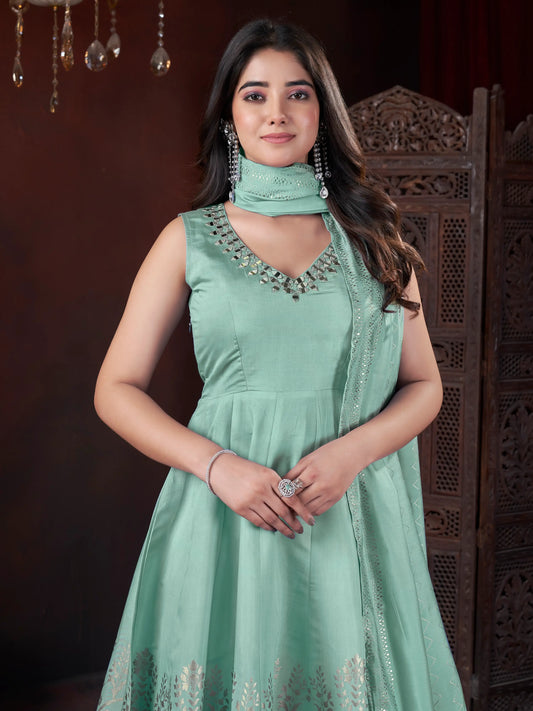 Bright Pistachio Silk Salwar Suit with Mirror Embroidery and Metallic Foil Print