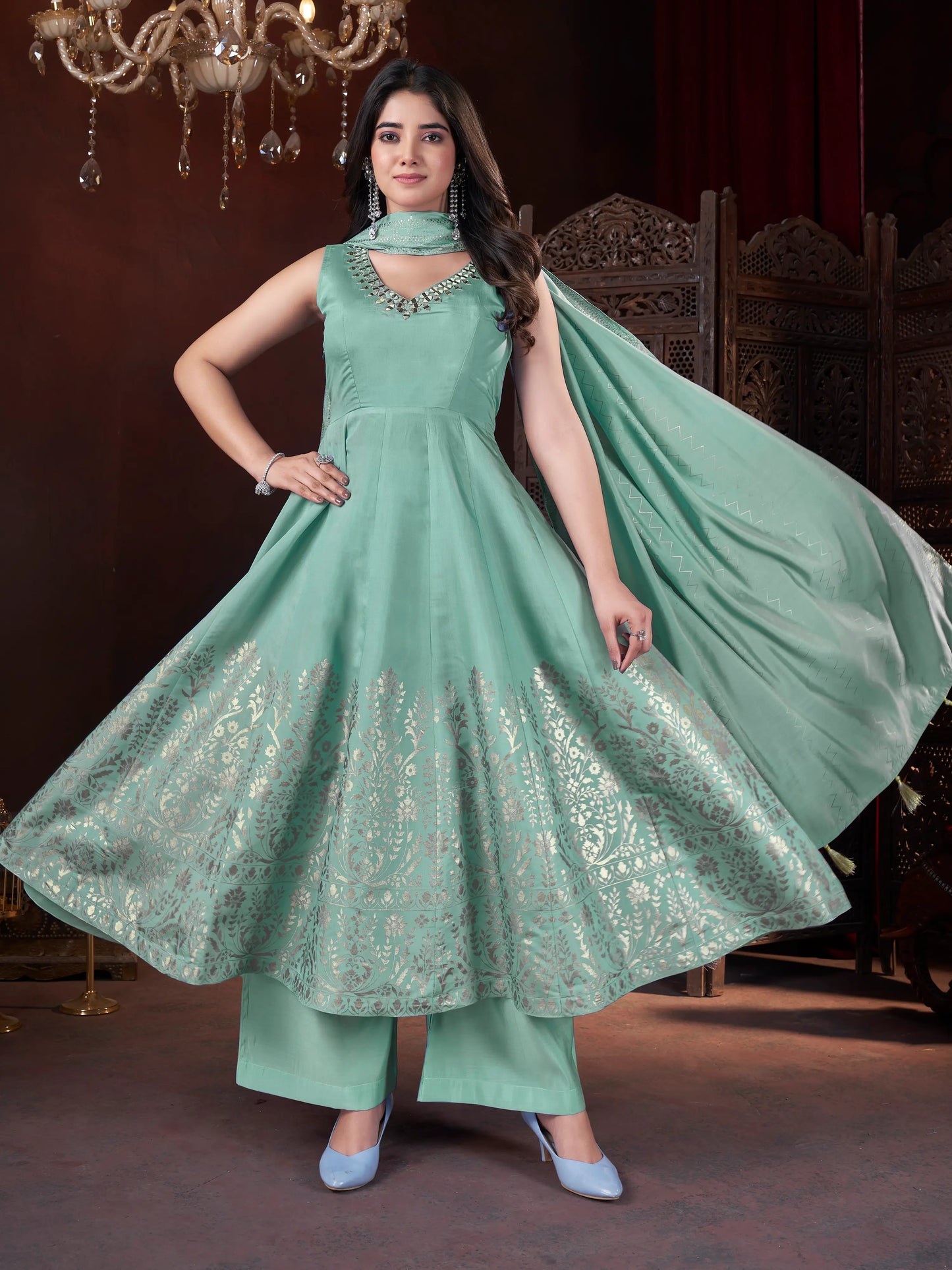 Bright Pistachio Silk Salwar Suit with Mirror Embroidery and Metallic Foil Print