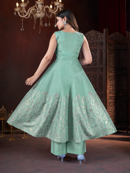 Bright Pistachio Silk Salwar Suit with Mirror Embroidery and Metallic Foil Print