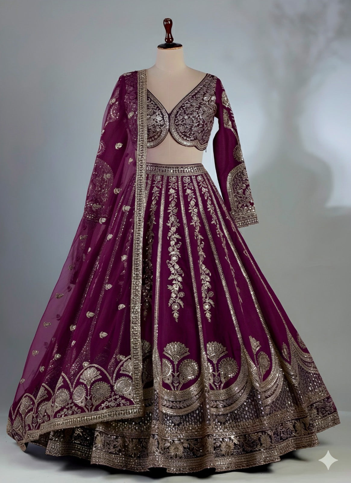 Lehenga bordeaux rouge scintillant en soie chinon et zari COLLECTION SANIYA