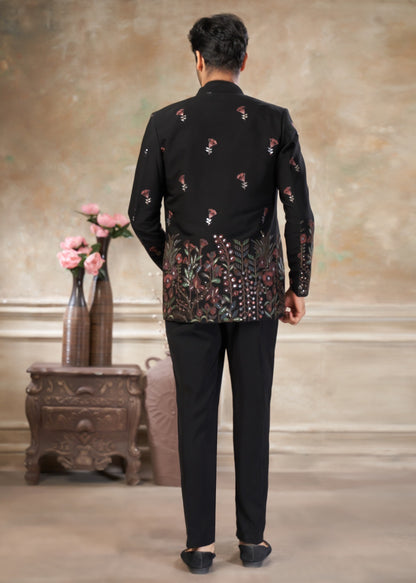 Ensemble Homme Costume Jodhpuri Noir Avec Poche Sur Veste Haut de Gamme en Terry Rayon avec Broderies de fleurs et Sequins COLLECTION KANWAR