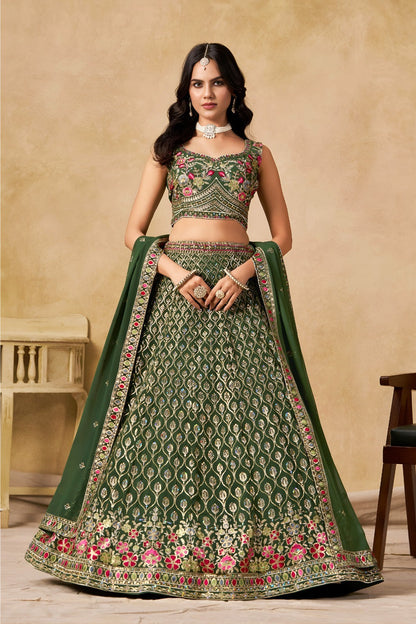 Lehenga vert avec broderies romantiques de fleurs COLLECTION MONICA