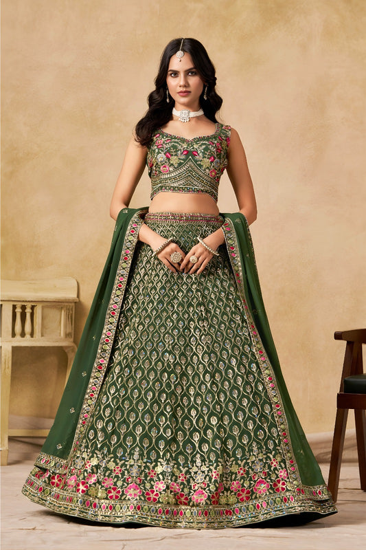 Lehenga vert avec broderies romantiques de fleurs COLLECTION MONICA