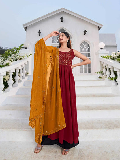 Salwar Suit en Georgette Rouge avec Broderie au Fil et Sequins, accompagné d'un Palazzo