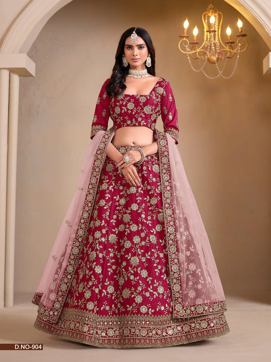 Designer Lehenga Choli aus roter Kunstseide mit Fadenstickerei und Pailletten