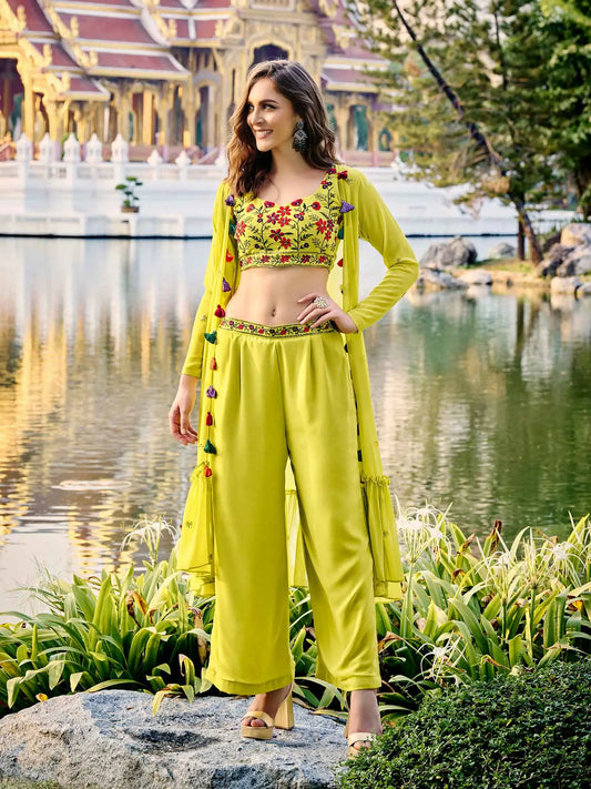 Fluoreszierend gelbes Georgette-Zweiteilerset mit Stickerei