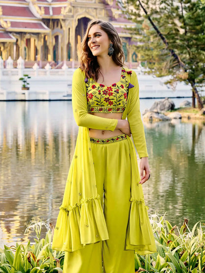Fluoreszierend gelbes Georgette-Zweiteilerset mit Stickerei