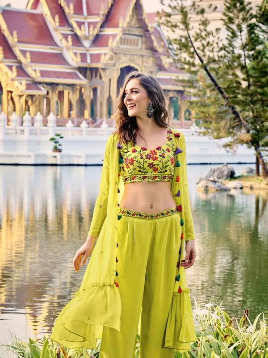 Fluoreszierend gelbes Georgette-Zweiteilerset mit Stickerei