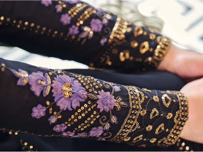 Ensemble Salwar Palazzo en Georgette Bleu Nuit avec Broderie en Fil et Sequins