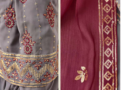 Ensemble Salwar Palazzo en Georgette Gris avec Broderie en Fil et Sequins