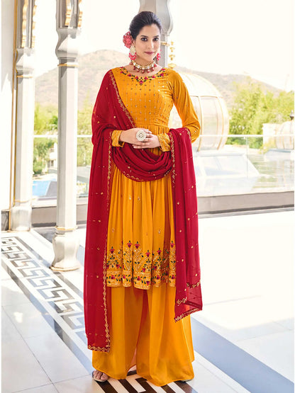 Ensemble Salwar Palazzo en Georgette Jaune Moutarde avec Broderie en Fil et Sequins