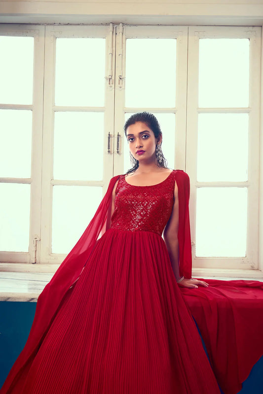 Bright red georgette designer dress with sequins
