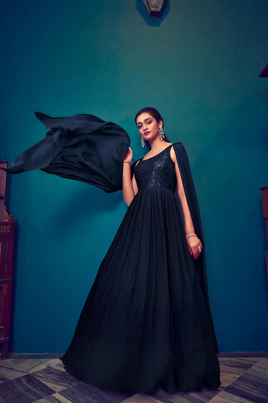 Navy blue georgette designer dress with sequins