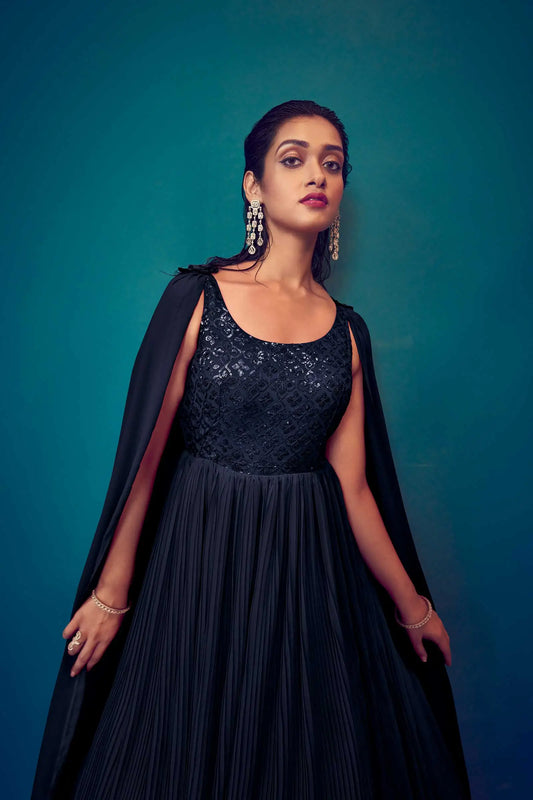 Navy blue georgette designer dress with sequins
