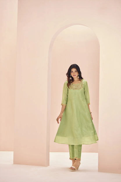 Salwar Suit en Organza Vert Clair avec Broderie à la Main