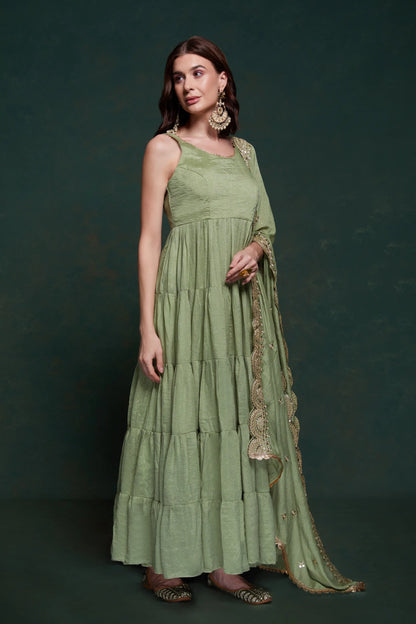 Pistachio georgette maxi dress with elegant dupatta