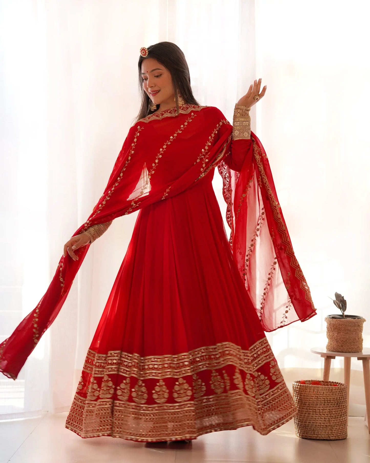 Red georgette dress with embroidery and dupatta