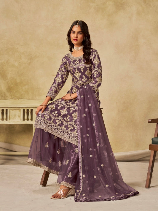 Salwar suit violet prune en net COLLECTION SIMARAN