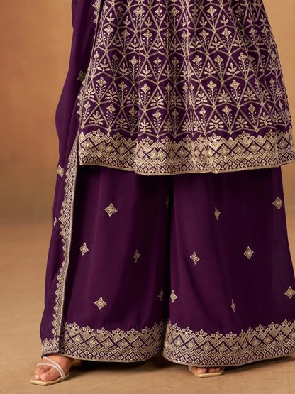 Salwar Palazzo violet prune en faux georgette avec ornements COLLECTION ELINA