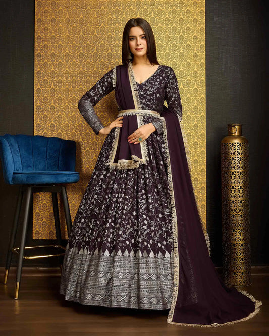 Purple georgette dress with metallic foil work, accompanied by a dupatta