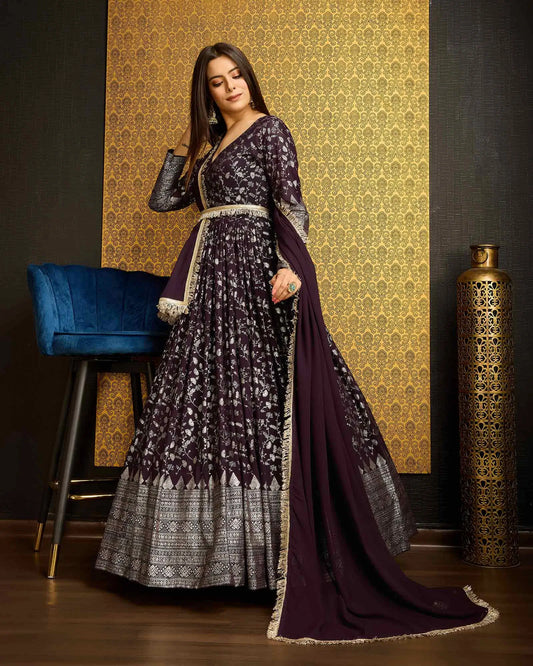 Purple georgette dress with metallic foil work, accompanied by a dupatta