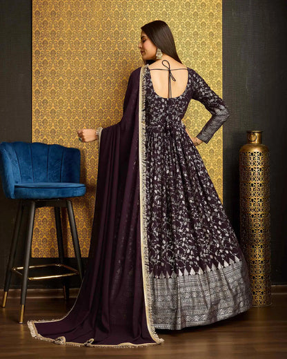 Purple georgette dress with metallic foil work, accompanied by a dupatta