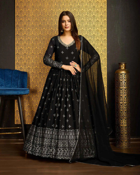 Black georgette dress with metallic foil work, accompanied by a dupatta