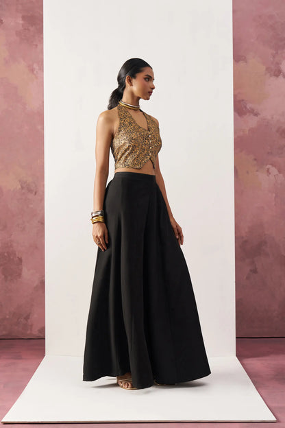 Ensemble coordonné indo-occidental comprenant un gilet en jacquard noir et un palazzo