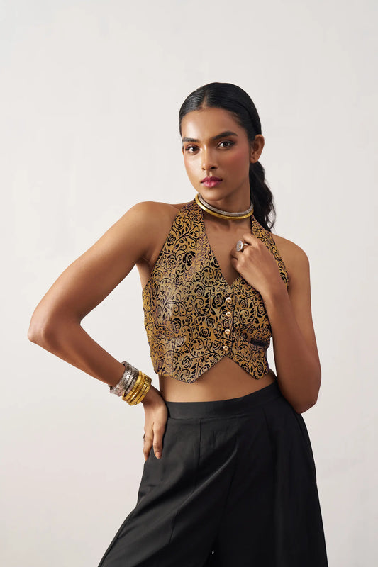 Indo-Western-Set bestehend aus schwarzer Jacquardweste und Palazzo