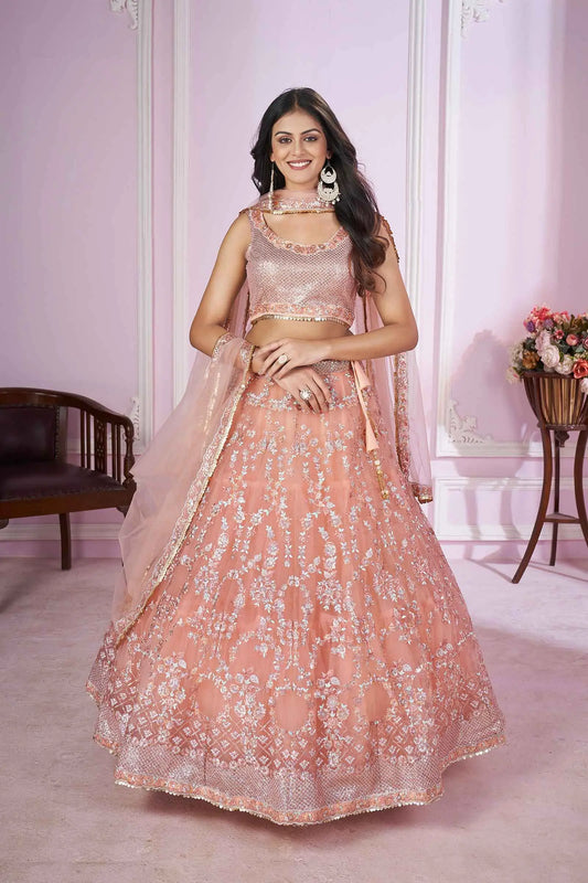 Peach pink soft net lehenga with sequin, thread, badla and zari embroidery PRISHA COLLECTION