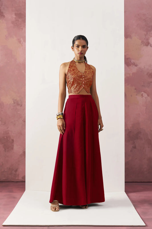 Indo-Western-Set mit burgunderroter Jacquardweste und Palazzo