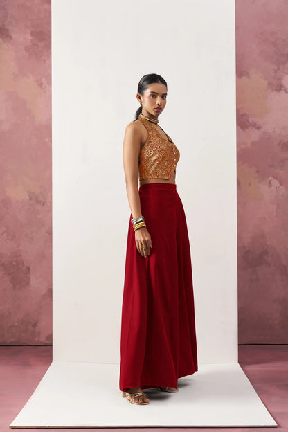 Indo-western co-ord set with burgundy red jacquard waistcoat and palazzo