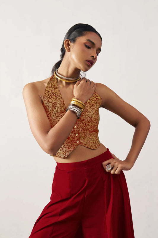 Indo-Western-Set mit burgunderroter Jacquardweste und Palazzo