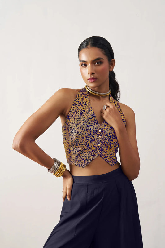 Marineblaue Jacquardweste und passendes Indo-Western-Set mit Palazzo