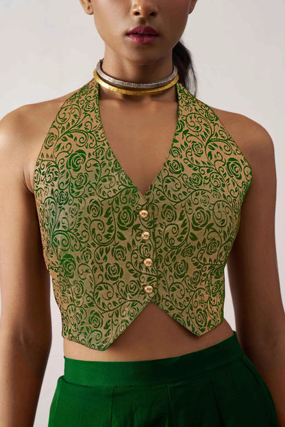 Grüne Jacquardweste und passendes Indo-Western-Set mit Palazzo