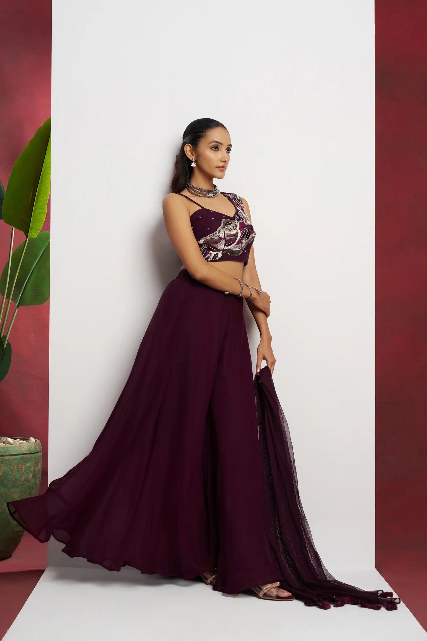 Grape Purple Indo-Western Sharara Set for Party Wear with Handwork and Dupatta