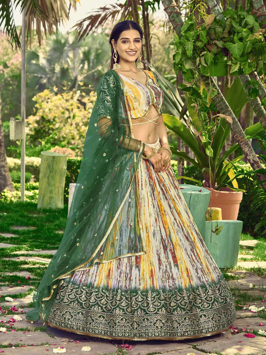 Grüner Designer-Lehenga mit Pailletten- und Zari-Stickerei, Digitaldruck